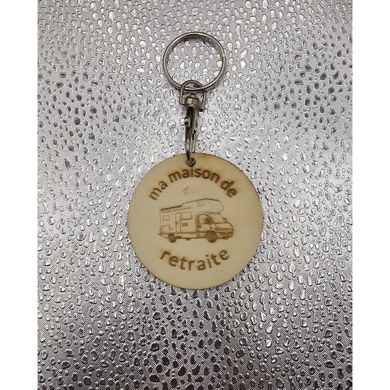 Porte clé rond bois "Ma maison de retraite"