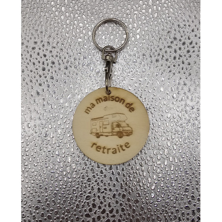 Porte clé rond bois "Ma maison de retraite"